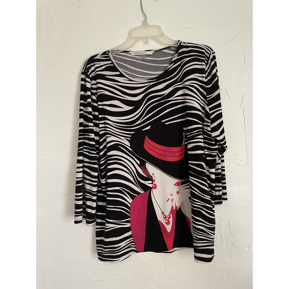 Peter Nygard Women’s Longsleeve Tunic Poly Blend Design Top Black White XL